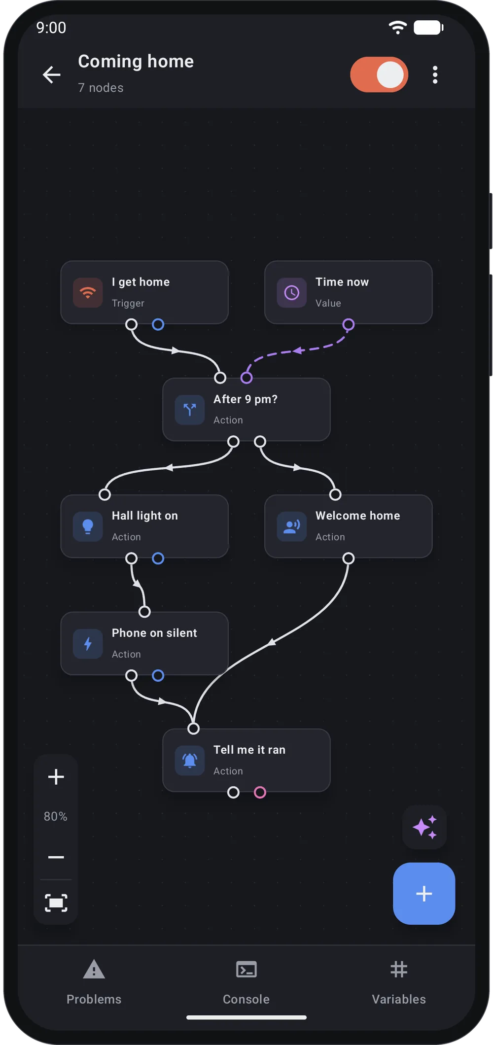 A phone running the Easymatic editor: a macro that starts on joining the home Wi-Fi, compares the current time against 9 pm, then either turns the hall light on and silences the phone or says welcome home, and posts a notification either way.