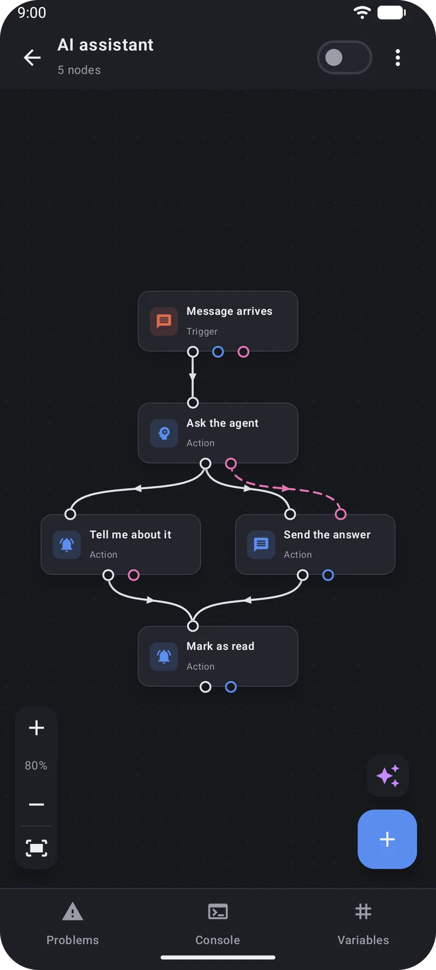 A phone showing an Easymatic macro: an incoming message is handed to an AI agent, whose answer is wired into a reply and also shown as a notification, then the message is marked read.