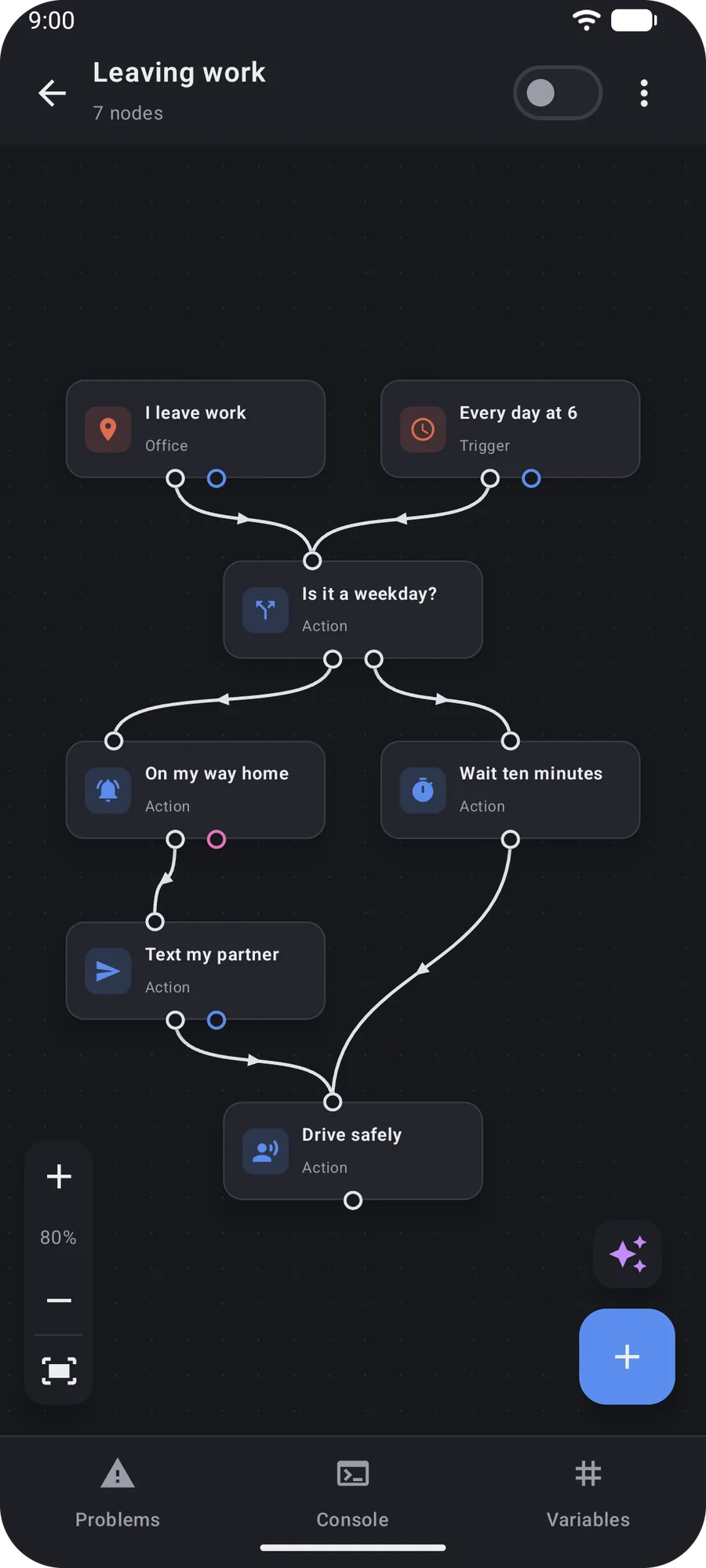 A phone showing an Easymatic macro: leaving the office geofence or a schedule at six branches on the time, then notifies and texts a partner, or waits ten minutes, before saying drive safely.