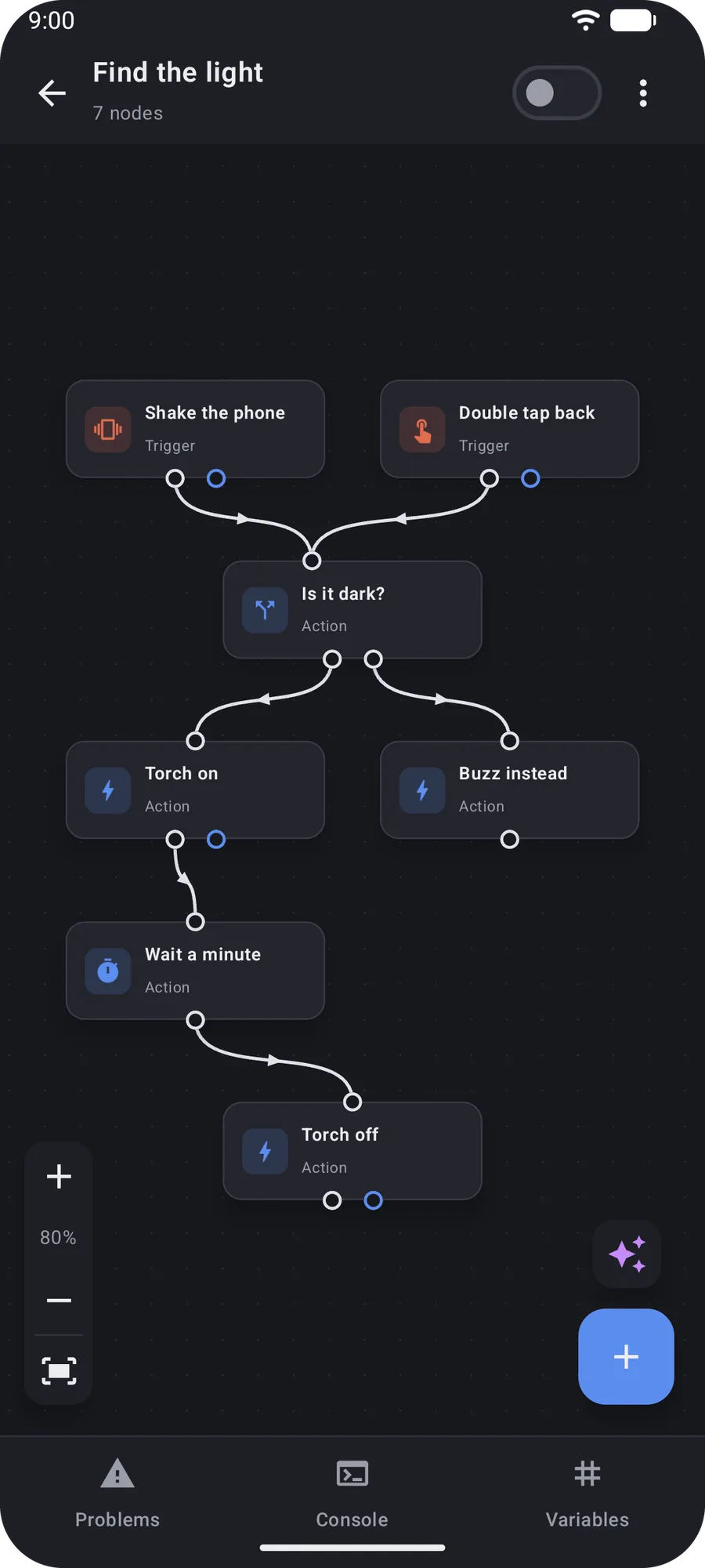 A phone showing an Easymatic macro: shaking the phone or double-tapping its back branches on the light level, then turns the torch on for a minute or buzzes instead.