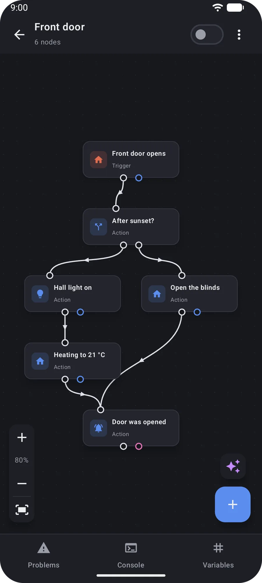 A phone showing an Easymatic macro: a Home Assistant door sensor opening branches on the time of day, then turns the hall light on and sets the heating, or opens the blinds, and posts a notification.